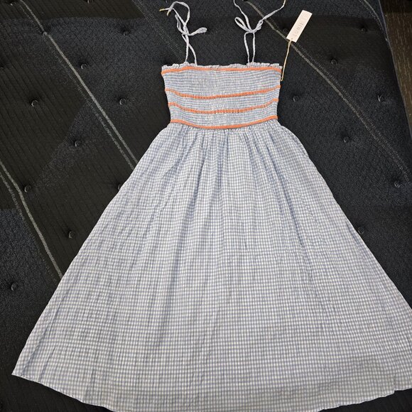 Lumière Women's Tie Shoulder Smocked Fit&Flare Blue & White Gingham Midi Dress L - Picture 2 of 12